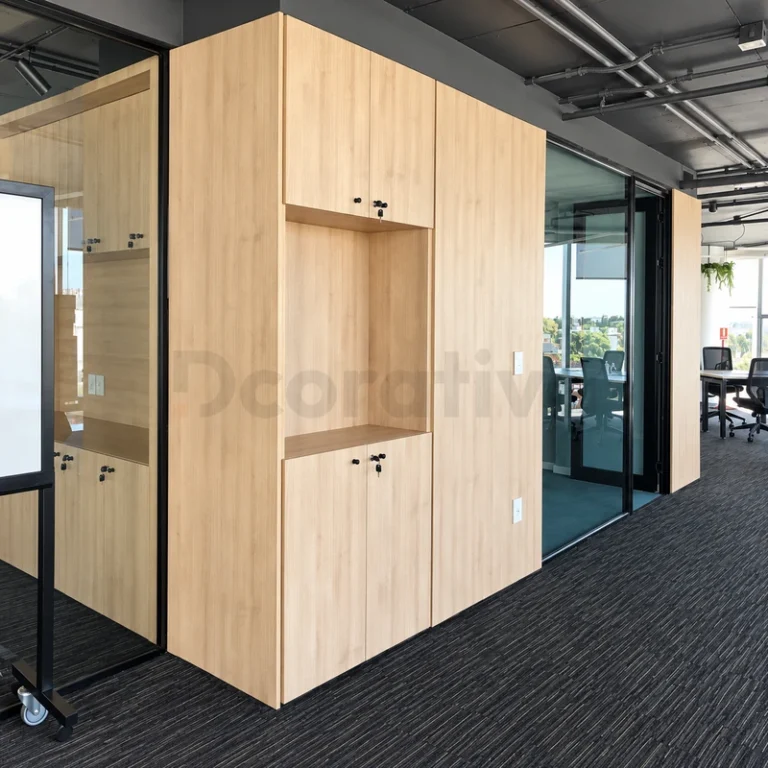 Armario de oficina con acabado de madera clara, puertas superiores e inferiores y nicho central abierto.