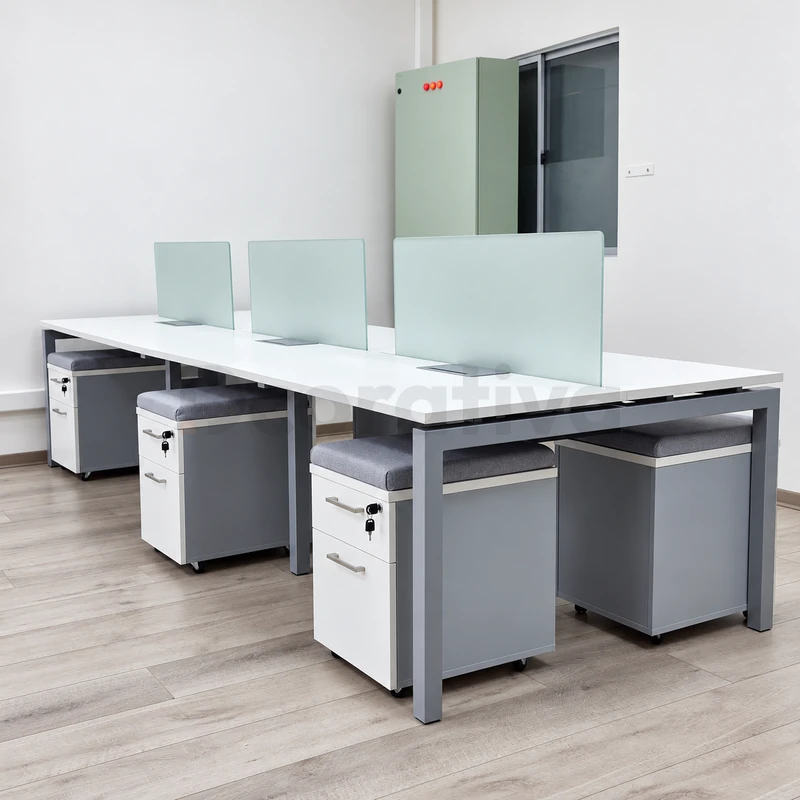 Bench blanco con divisiones de vidrio y cajoneras acolchadas