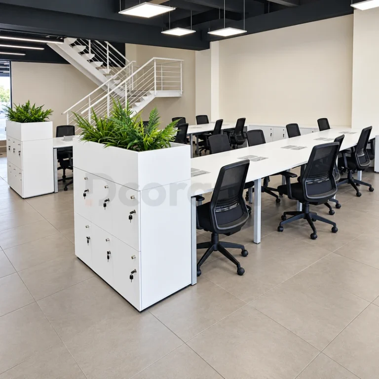 Bench blanco de oficina con lockers y jardineras
