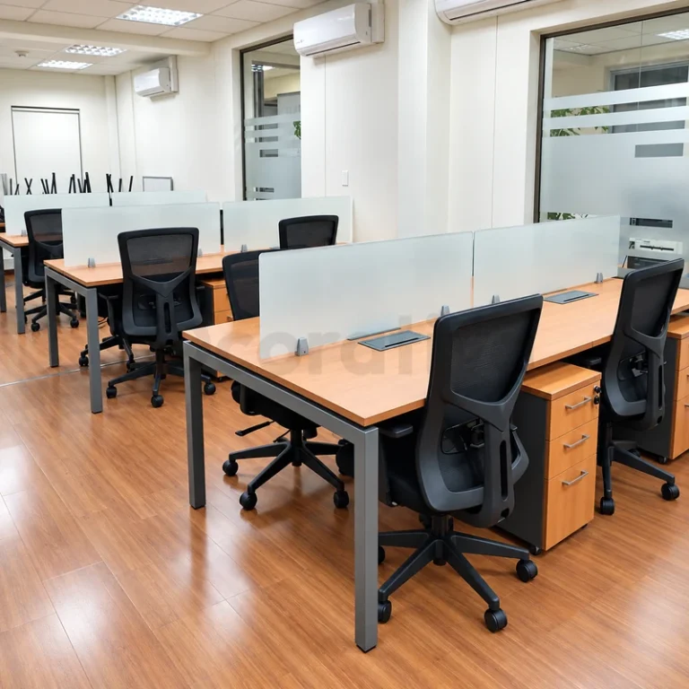 Bench de madera con divisiones de vidrio y estructura gris