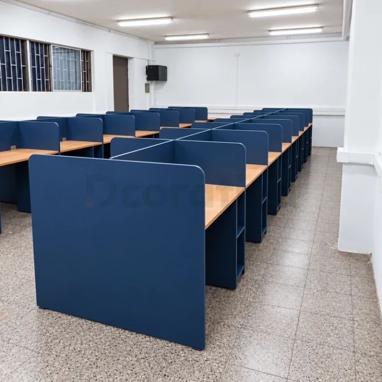 Cubículos de estudio azules en filas, vista de pasillo