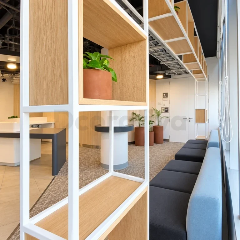 Estantería divisoria de metal blanco y madera para oficina