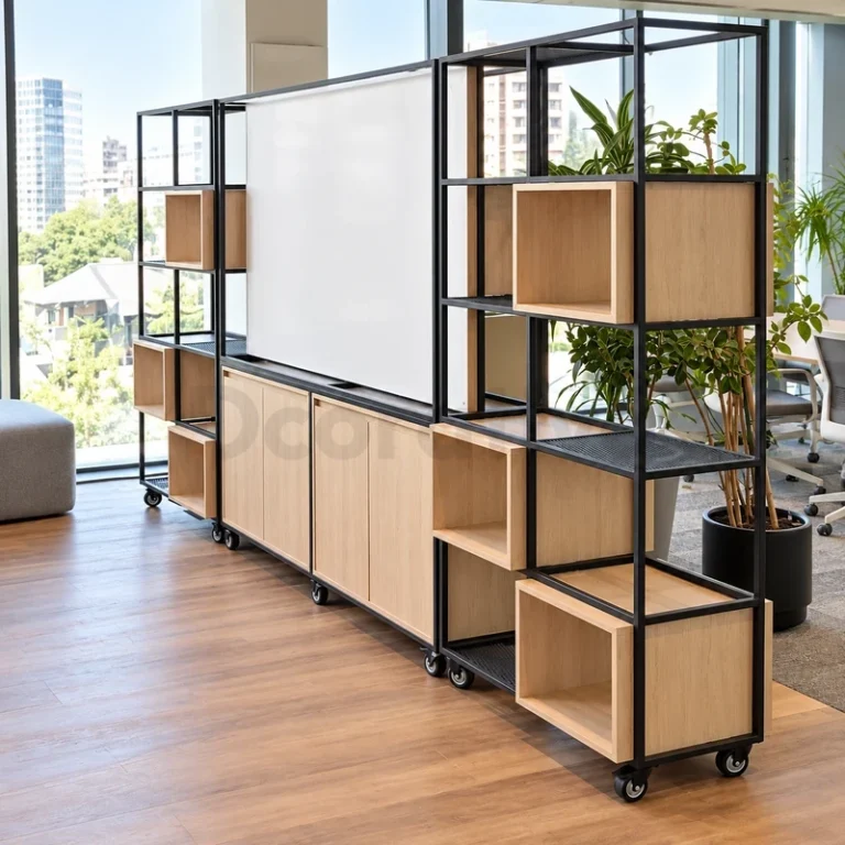Estantería metálica modular con cubos de madera y pizarra