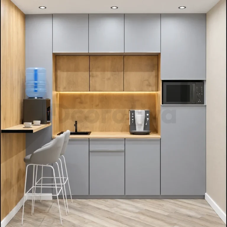 Kitchenette gris con nicho de madera iluminado