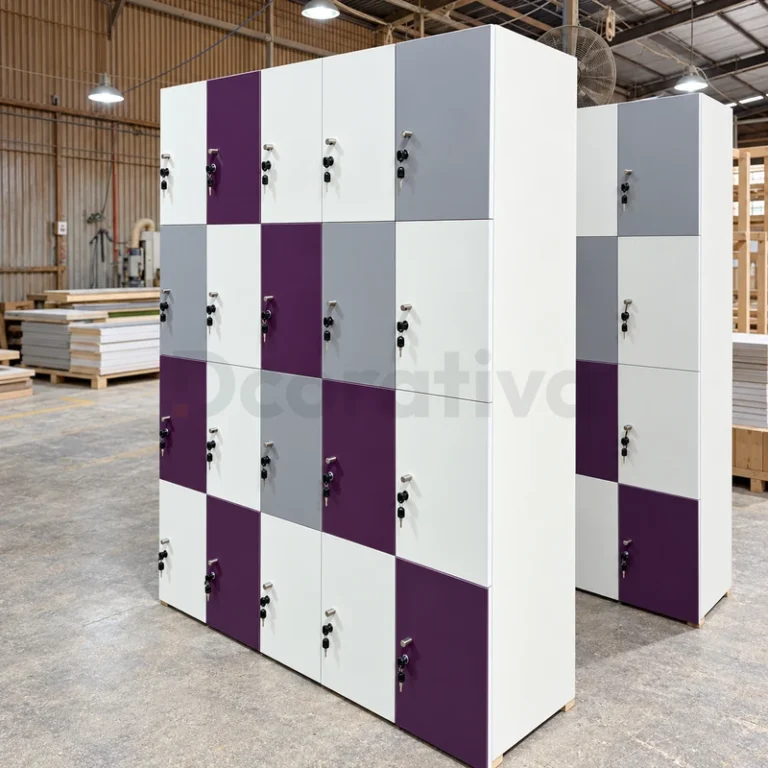 Lockers para pertenencias con puertas blancas, grises y moradas y cerraduras individuales.