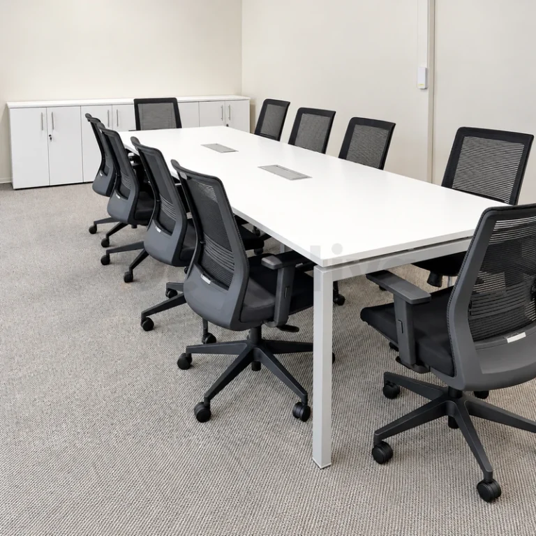 Mesa de reunión blanca grande con patas metálicas