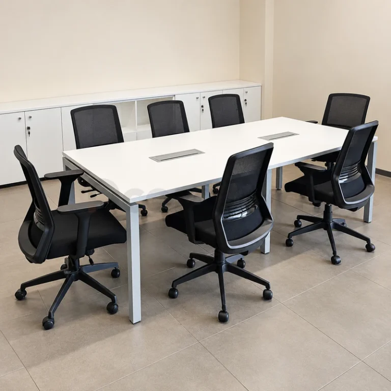 Mesa de reunión blanca rectangular con estructura gris