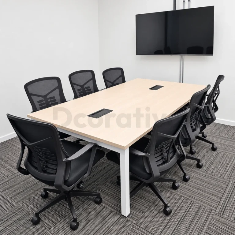 Mesa de reunión de madera clara con pasacables y patas blancas