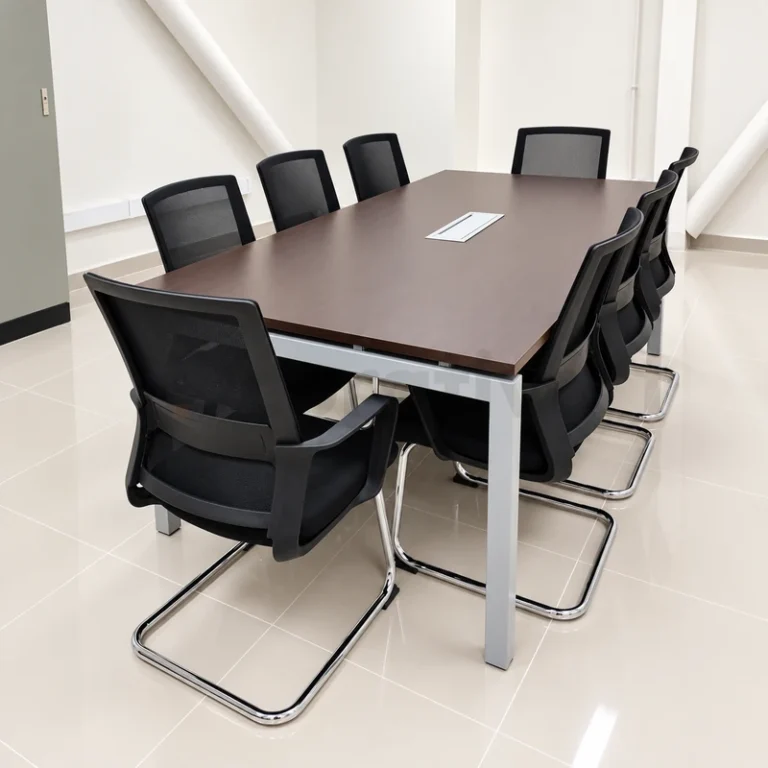 Mesa de reunión de madera oscura con estructura metálica