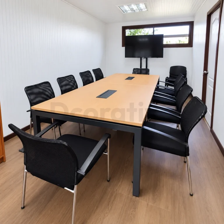 Mesa de reunión modular de madera con estructura negra