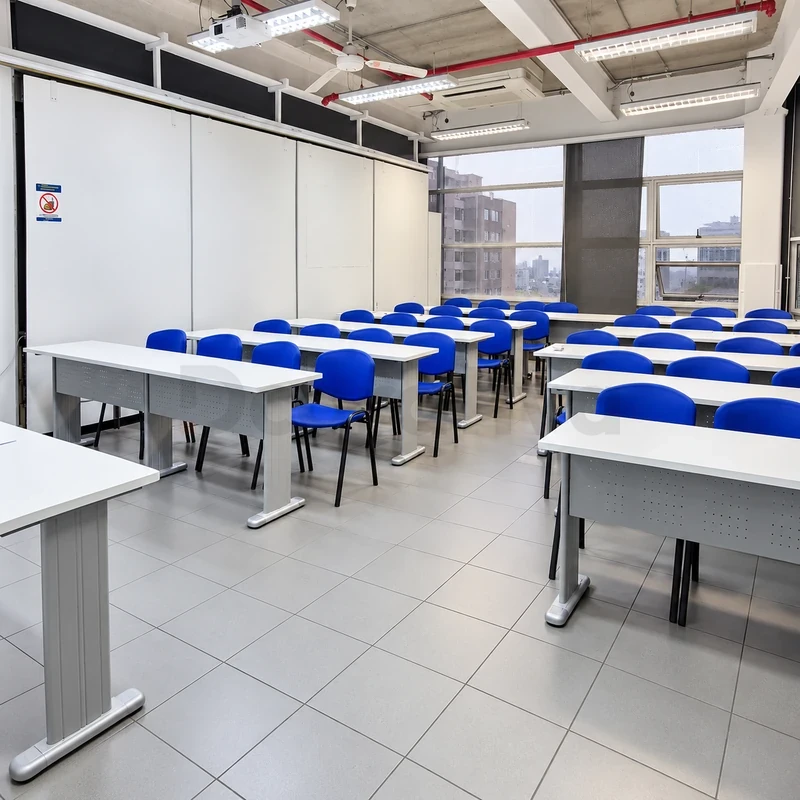 Mesas de aula de capacitación con sillas azules