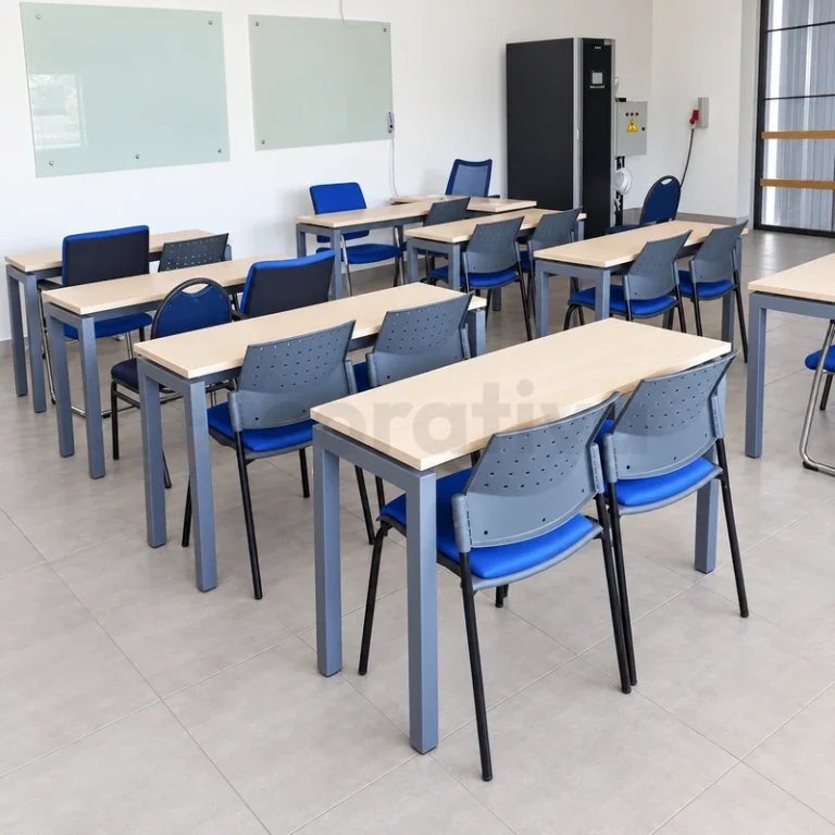 Mesas escolares con sillas azules