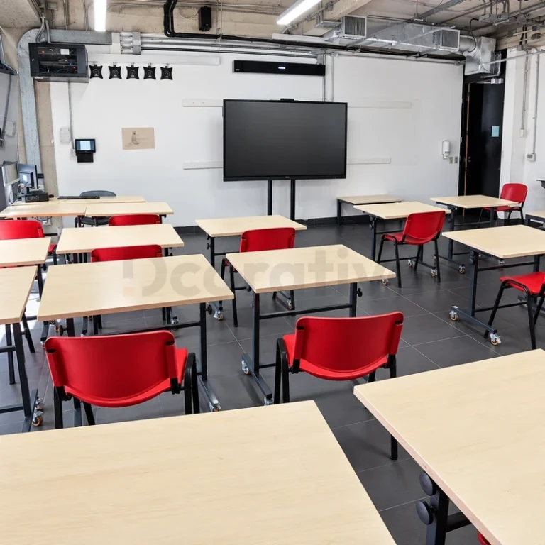 Mesas escolares con sillas rojas en aula