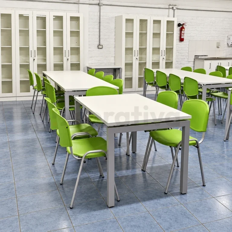 Mesas escolares con sillas verdes y armarios