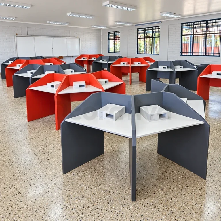 Módulos de estudio rojos y grises distribuidos en aula