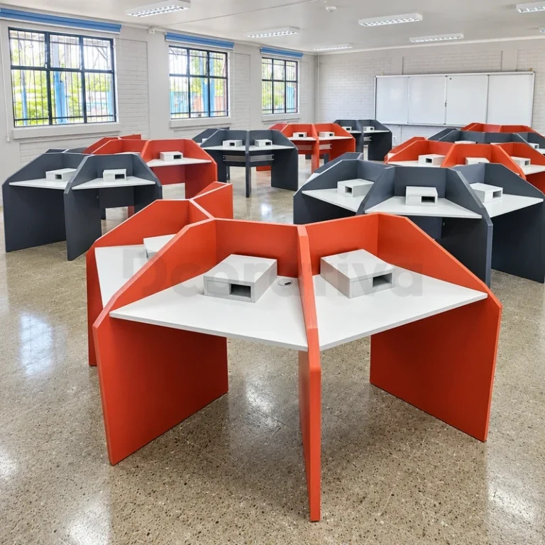 Módulos de estudio rojos y grises, vista frontal