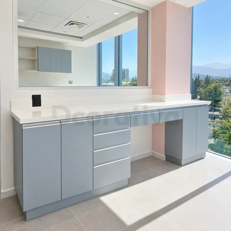 Mueble clínico celeste con cajonera y espacio de trabajo