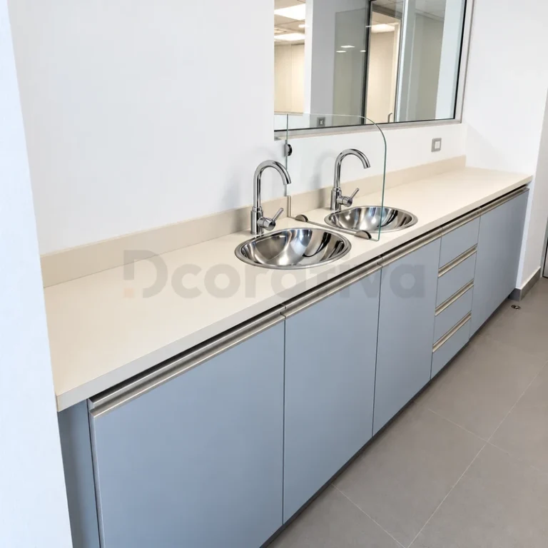 Mueble clínico gris con lavamanos redondos y grifería cromada