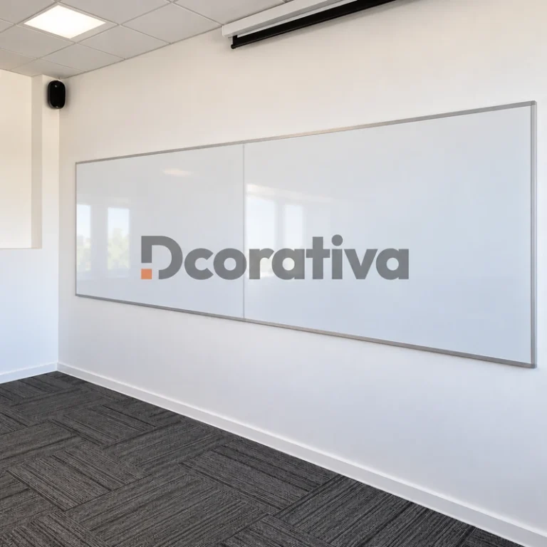 Pizarra mural con logo de Dcorativa centrado, vista 3