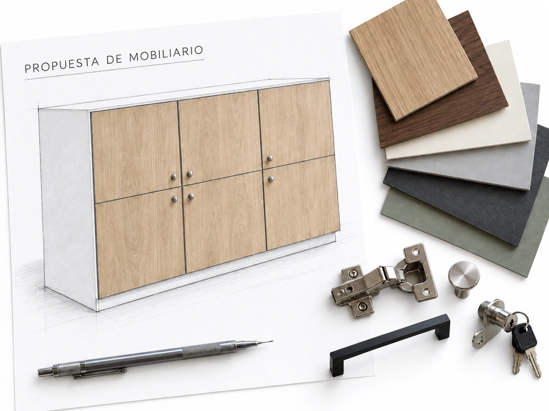 Muestras de materiales y gabinete para muebles a medida