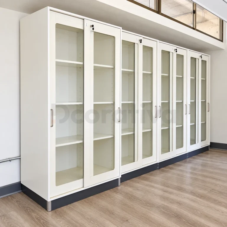 Vitrinas clínicas blancas con puertas de vidrio